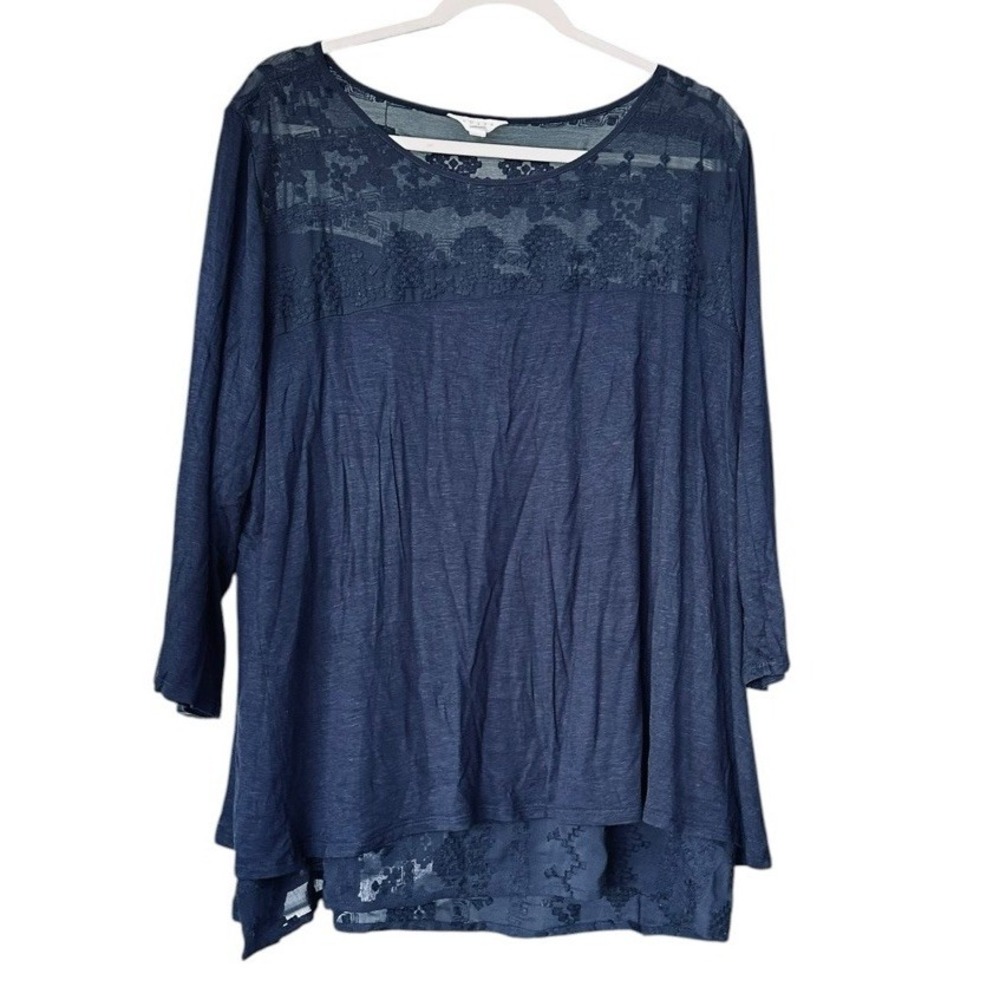 Adiva Women Overlay Top Blue Semi Sheer Embroidered Cocktail Party Chic Sz 2X